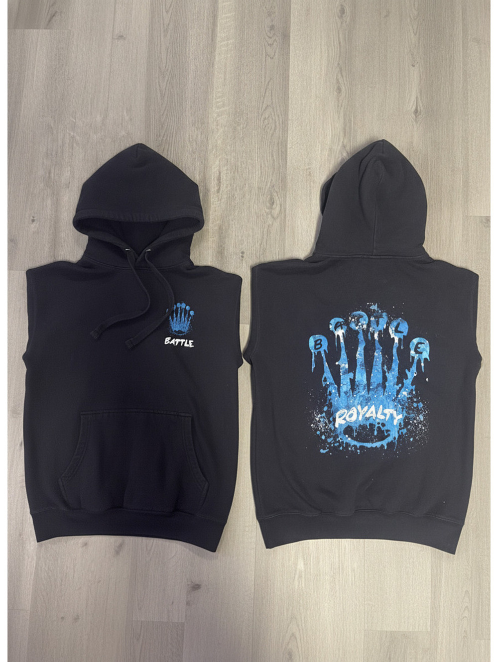 Battle Royalty Black Sleeveless Hoodie with Blue Graphic Print, Size A/S